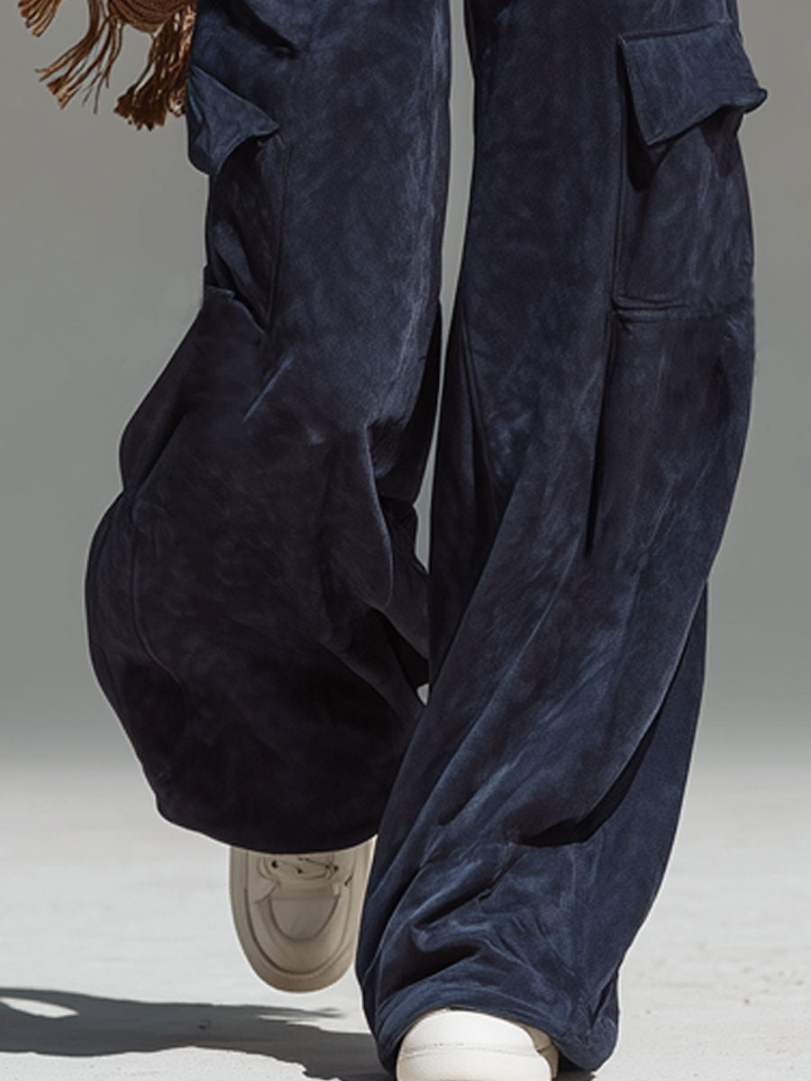 Pantalones anchos de gamuza sintética con múltiples bolsillos de estilo occidental