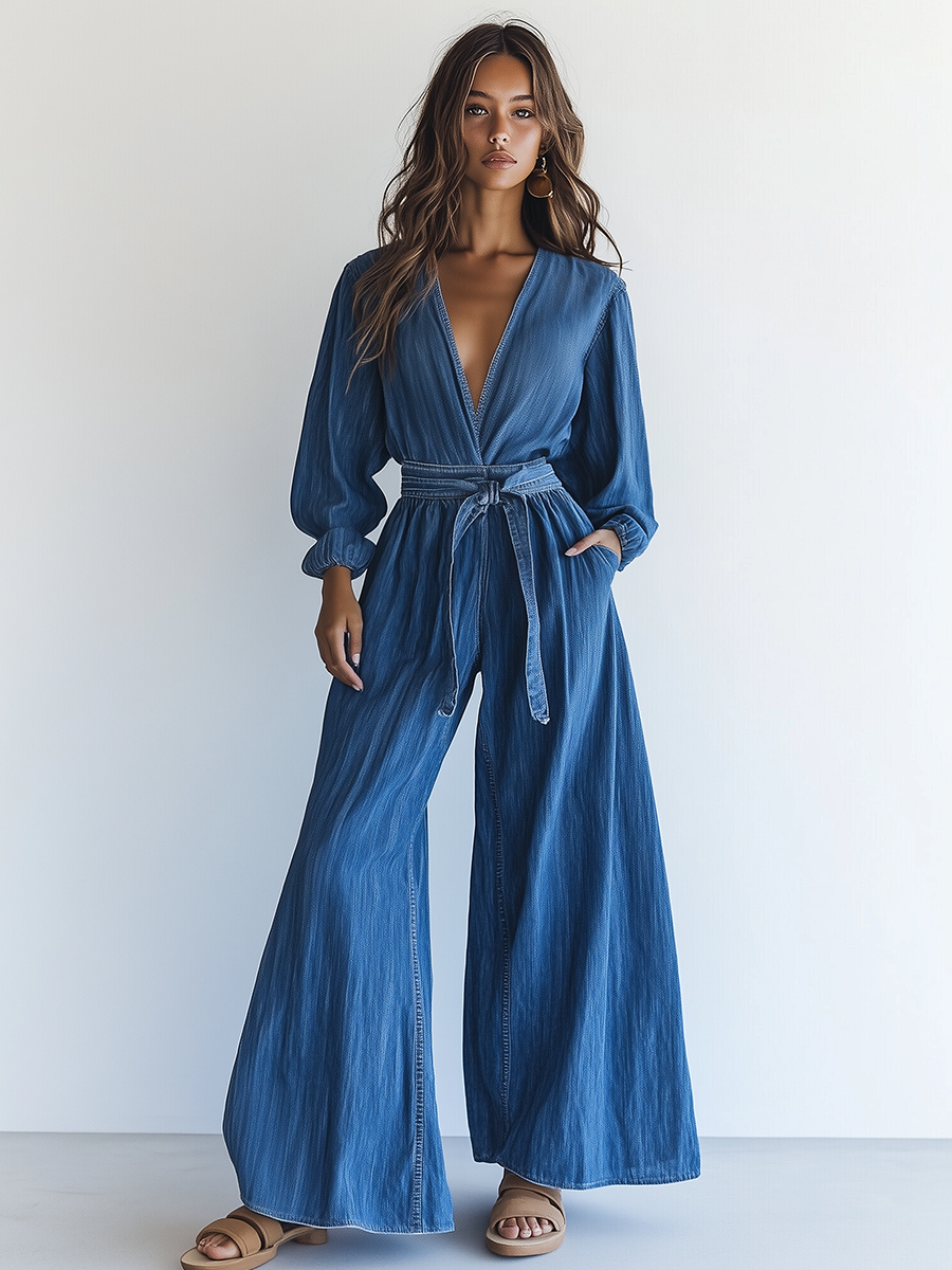 Elegant Retro V-neck Belted Long Sleeve Jumpsuit