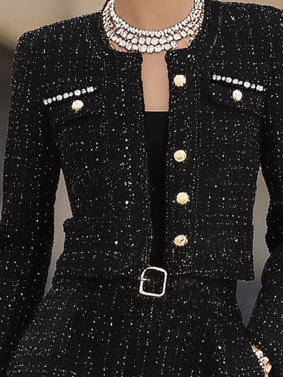 Elegant tweed black jacket and skirt suit