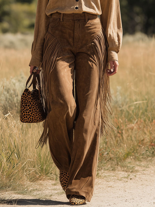 Vaqueros de pierna ancha con borlas estilo camel estilo western vintage