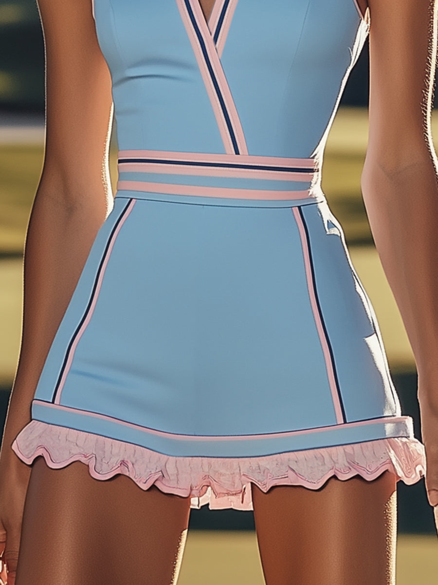 【Envío en 24 horas】Vestido mini deportivo de moda con escote en V y ribete rosa azul claro sin mangas