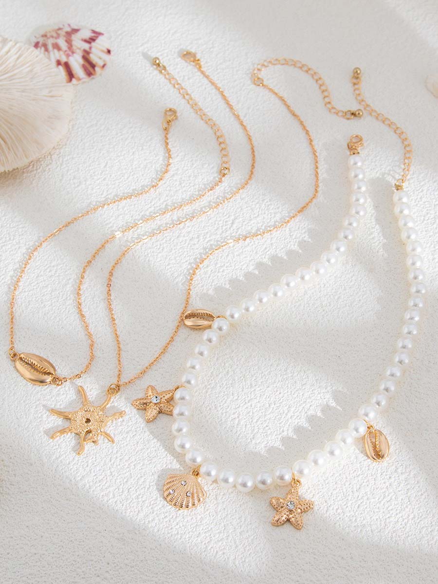 Bohemian Imitation Pearl Holiday Style Retro Starfish Shell Pendant Necklace Set