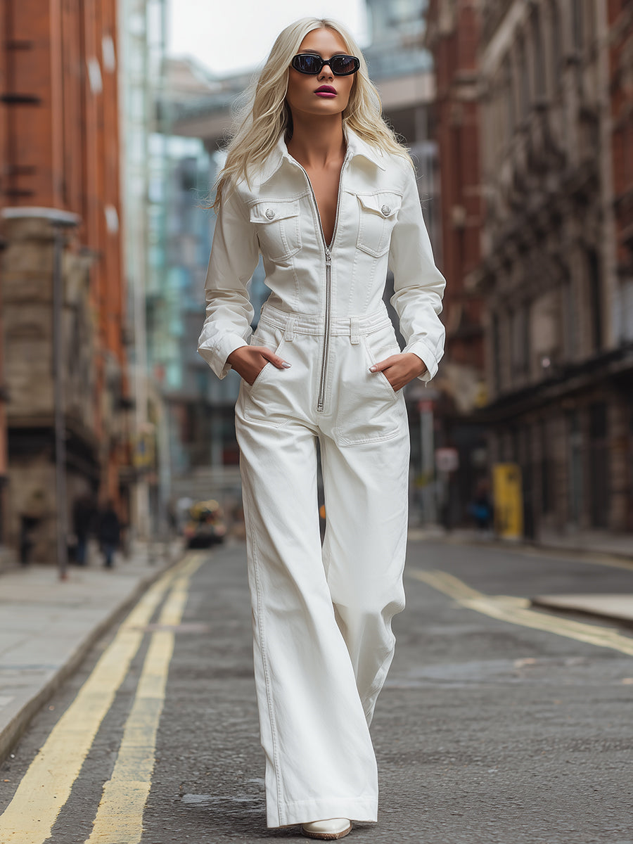 Casual Fashion White Zipper Lapel Long Sleeve Jumpsuit