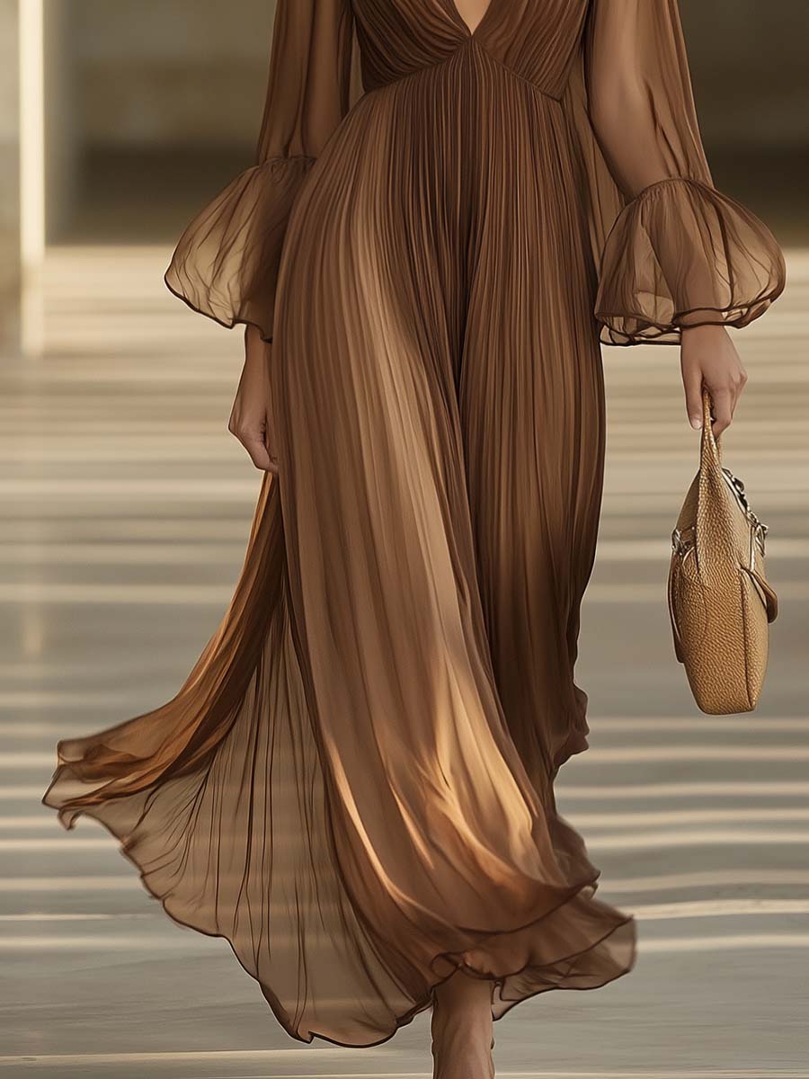 Elegant And Flowing V-neck Lotus Leaf Long Sleeve Chocolate Color Pleated Chiffon Maxi Dress