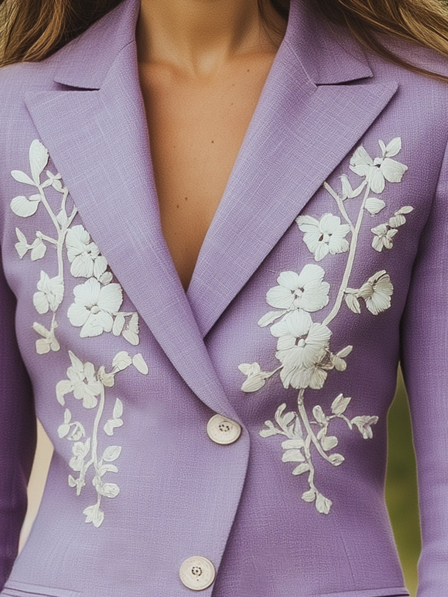 Designer Purple Linen Button-down Collar Embroidered Blazer