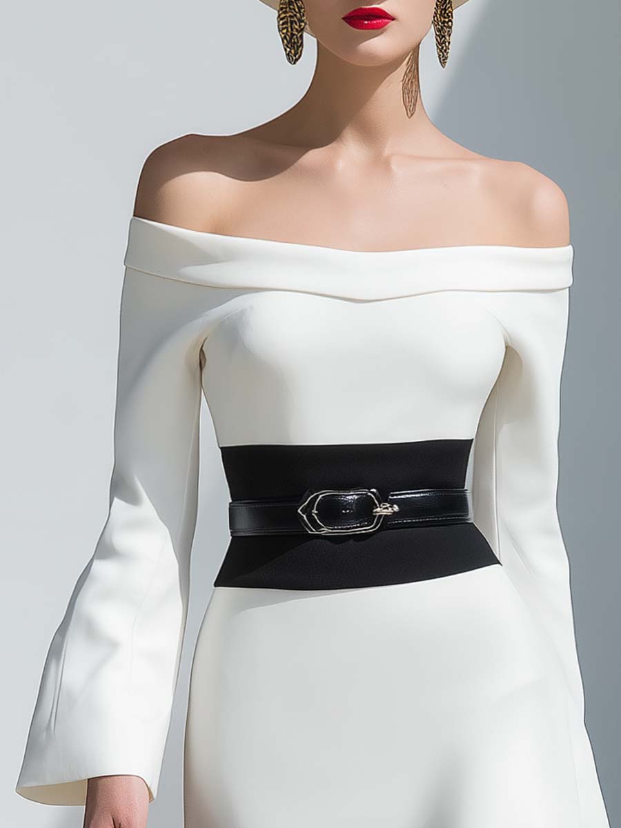 Elegant Off-the-shoulder Long-sleeved Puff Hem Black And White Contrast Midi Dress