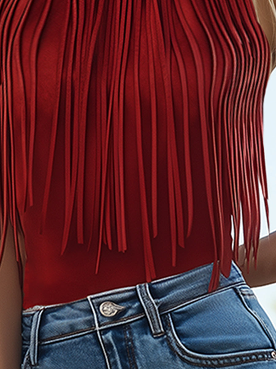 【24-hour shipping out】Trendy Retro Western Red Suede Round Neck Tassel Sleeveless Top