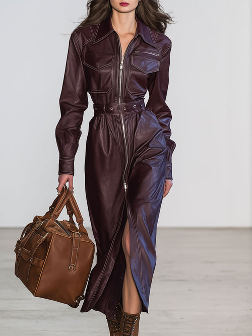 Casual Vintage Burgundy Faux Leather Long Sleeve Tie Zipper Midi Dress