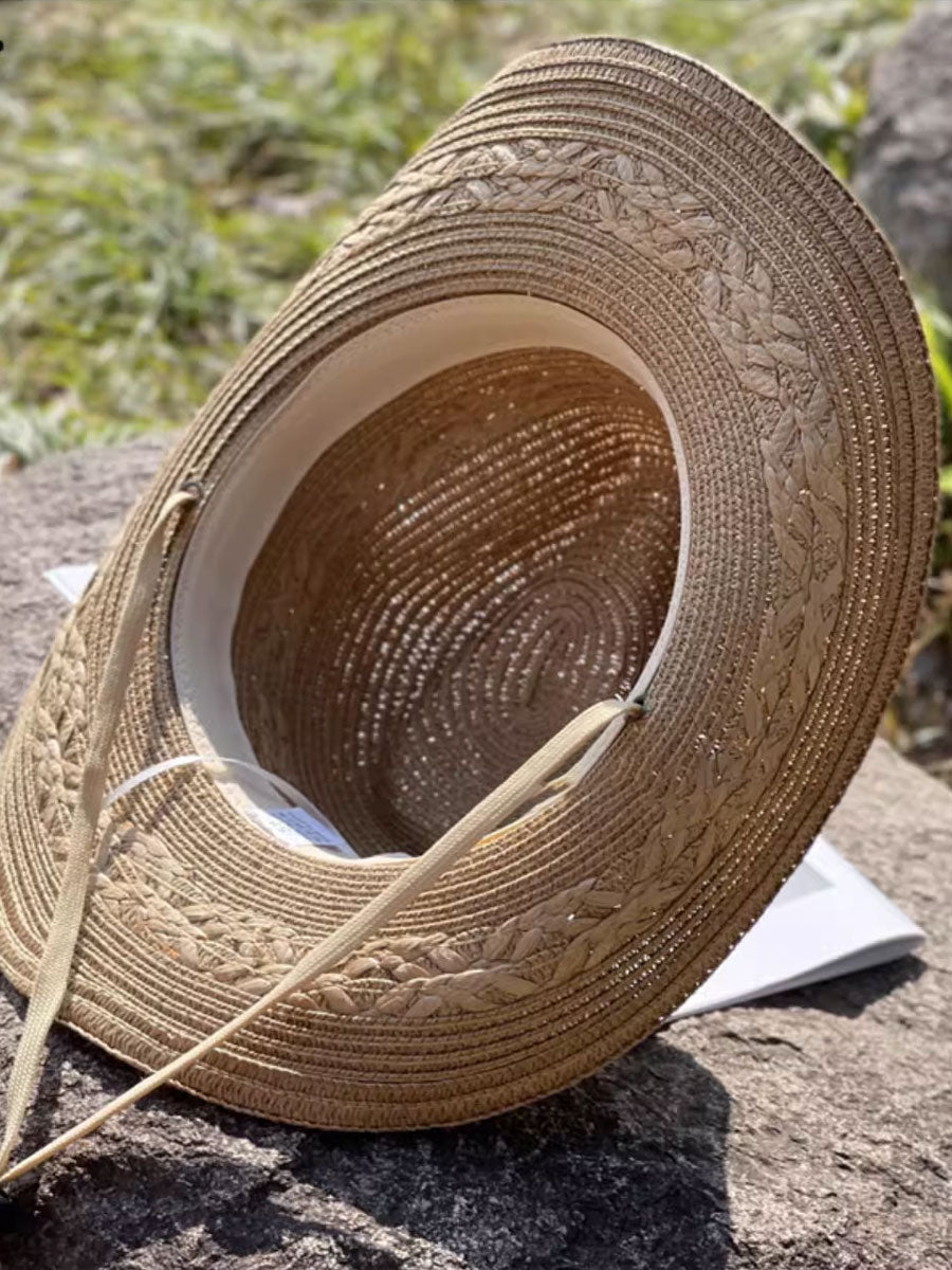 Sombrero de paja tejido vintage occidental con visera enjoyada