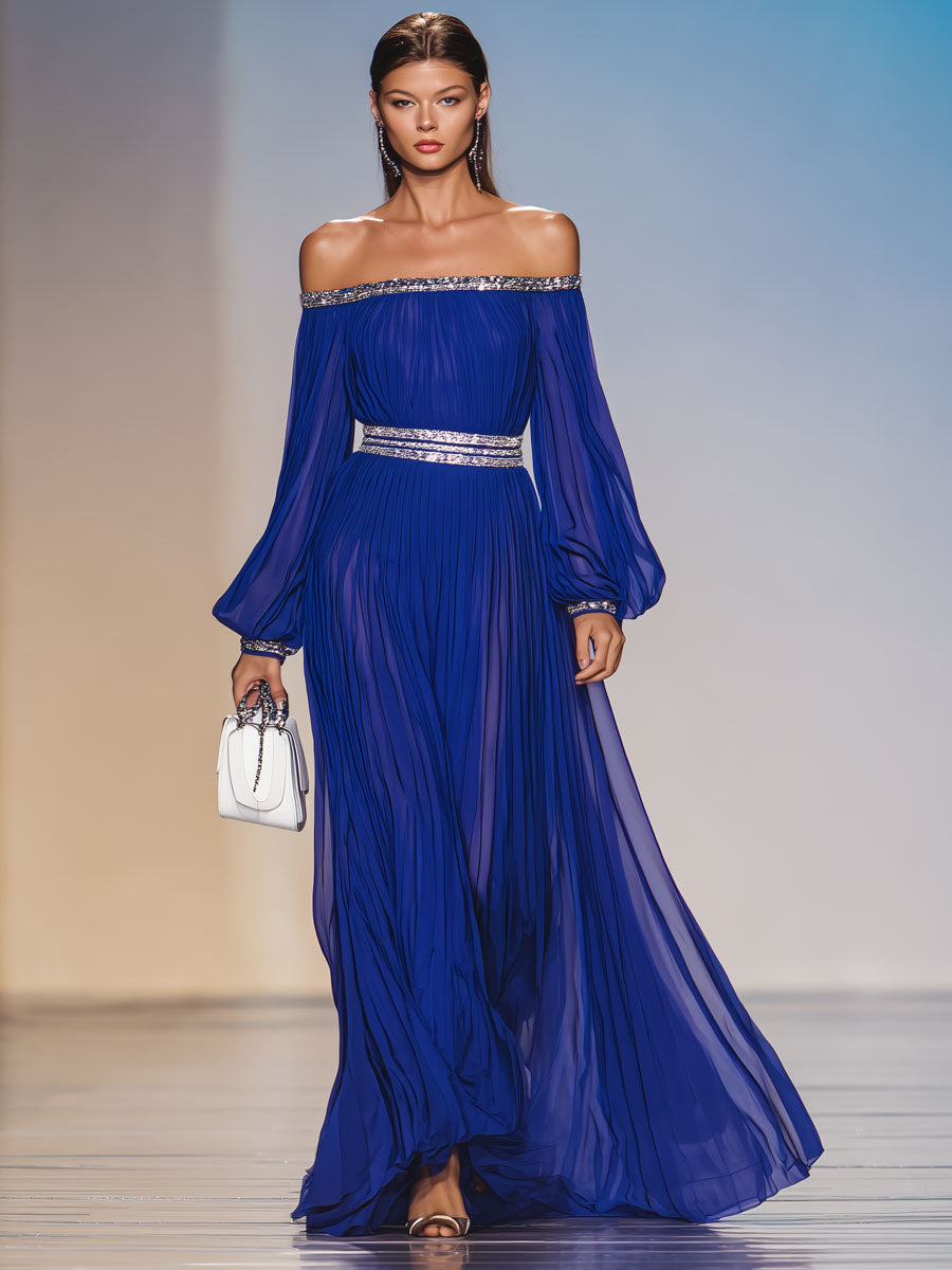 Elegant Off-the-shoulder, Boat-neck Pleated Chiffon Maxi Dress