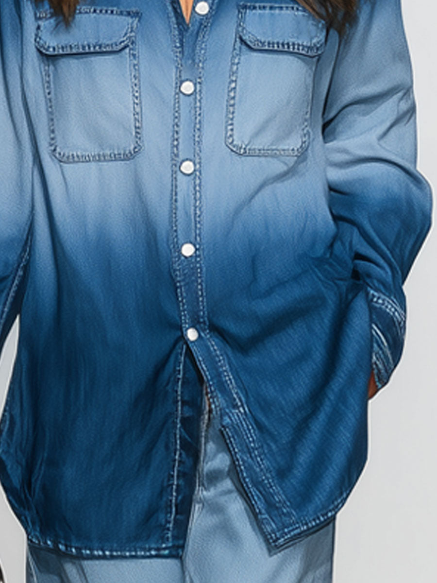 Casual Retro Gradient Blue Denim Long-Sleeved Shirt