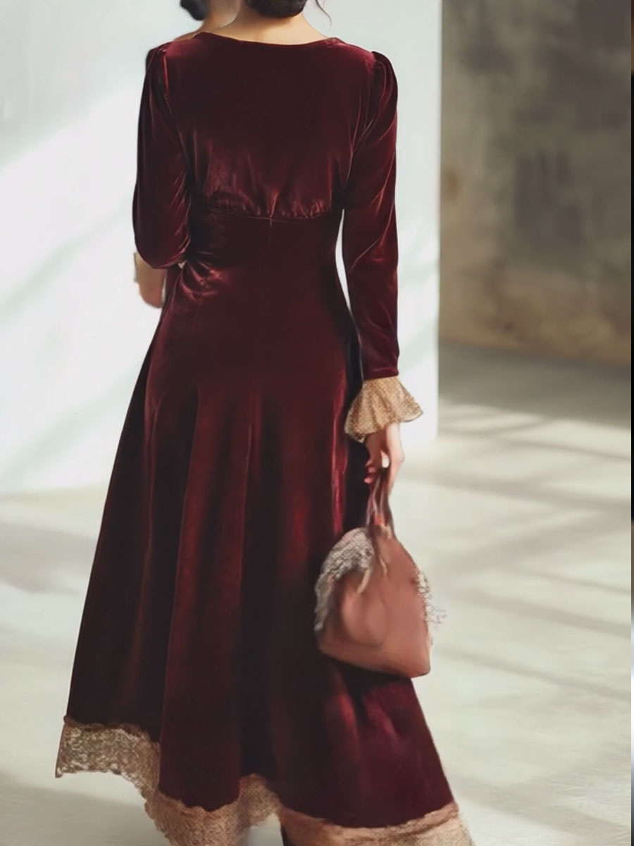 【24-hour shipping out】Vintage Ankola Red Velvet Lace V-neck Long Sleeve Maxi Dress