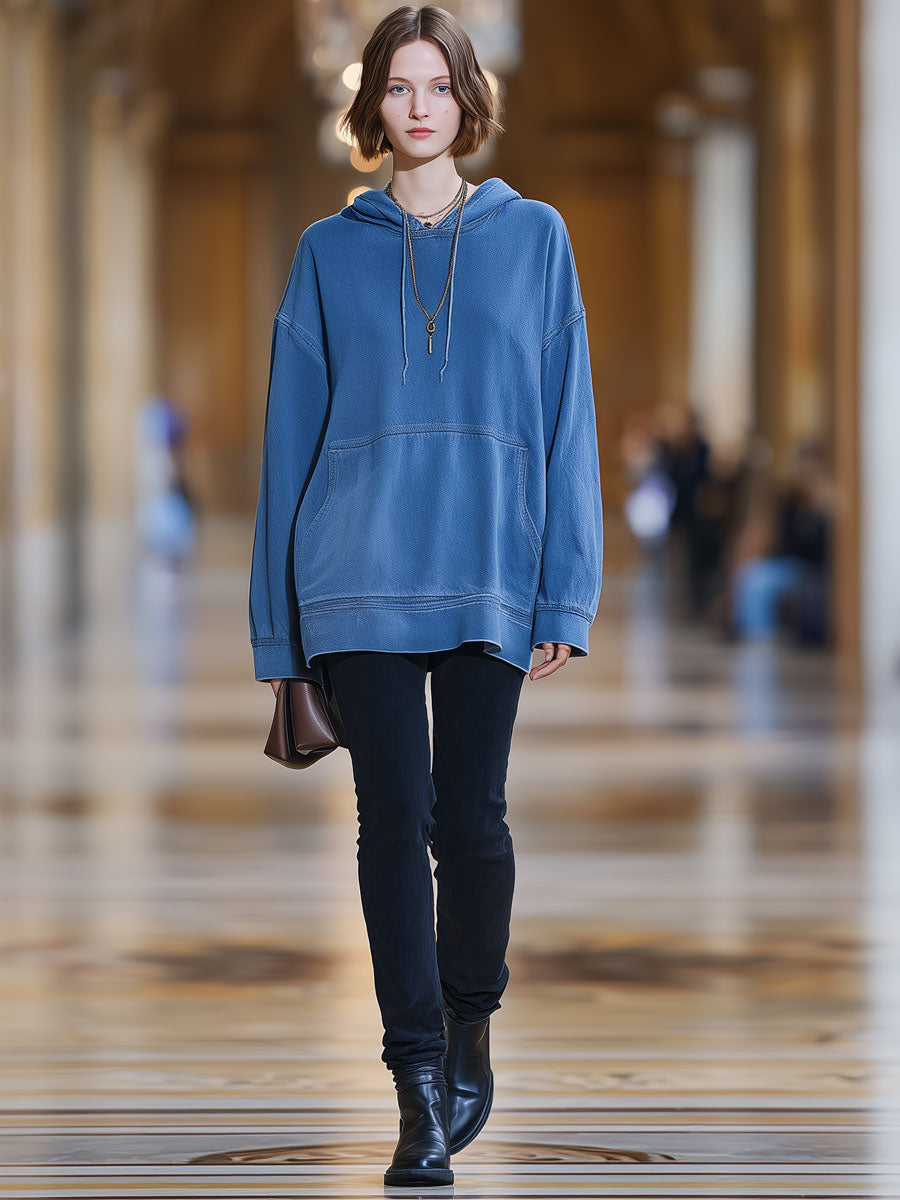 Casual Vintage Blue Denim Pocket Hoodie