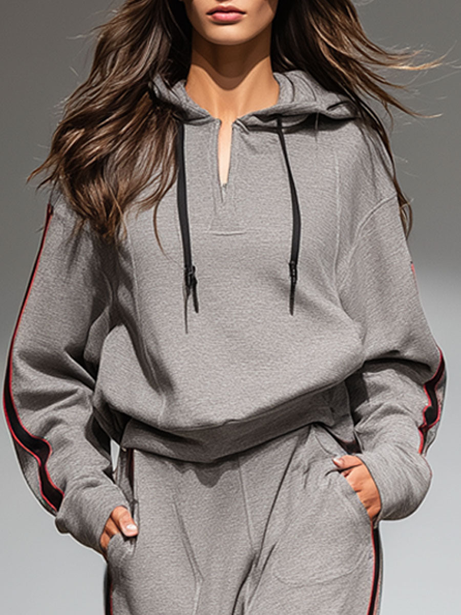 Casual Retro Striped Gray Hooded Sweatshirt Pants Sports Set