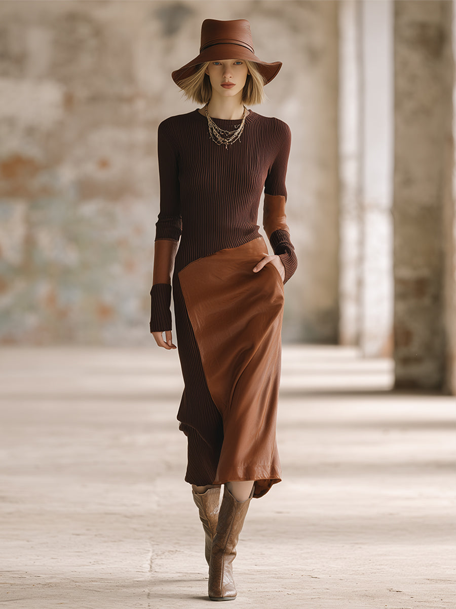 Elegant And Fashionable Brown Knitted Patchwork Leather Long-sleeved Maxi Dress