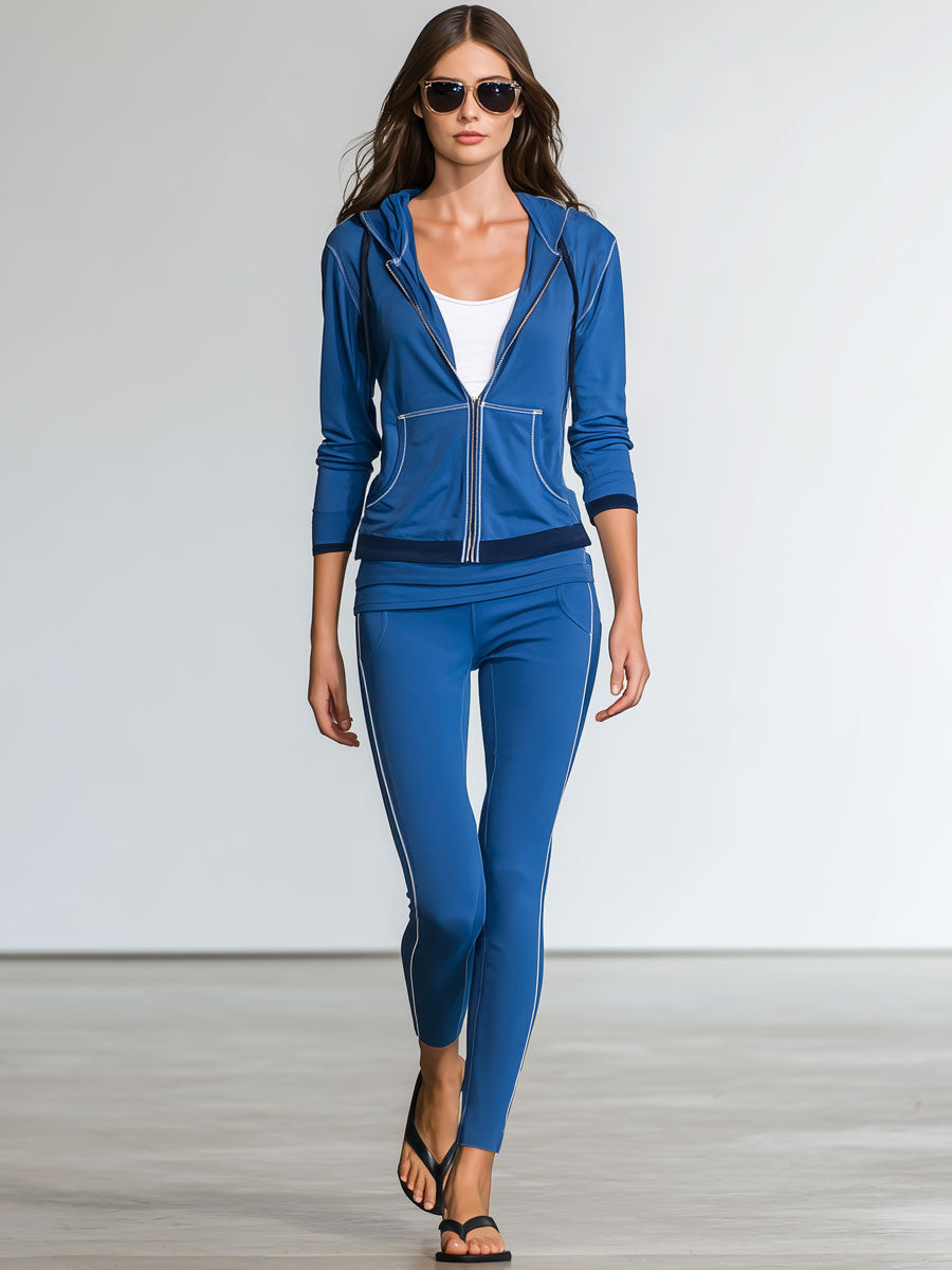 Casual Stretch Lycra Royal Blue Hooded Culottes Sports Yoga Set