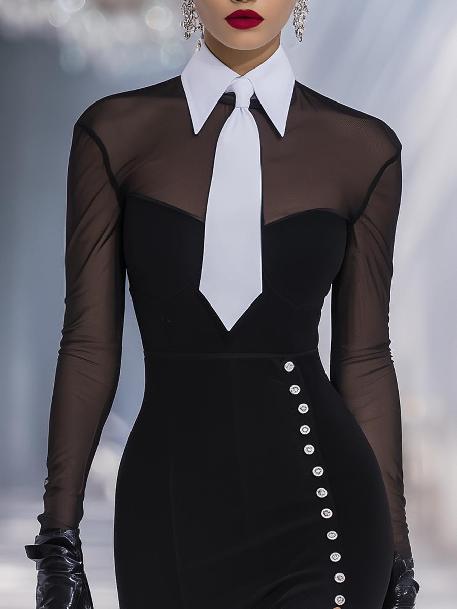 Fashion Lapel Tie Long Sleeve Slit Maxi Dress