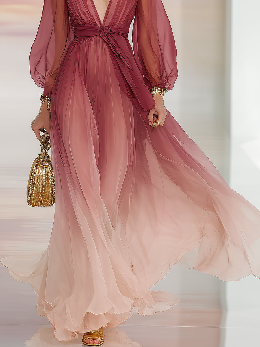 Elegant And Flowing Red Beige Gradient V-neck Chiffon Long-sleeved Maxi Dress