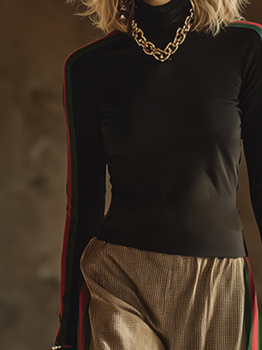 Elegant And Fashionable Striped Trim Black Stand-up Collar T-shirt And Trousers Set