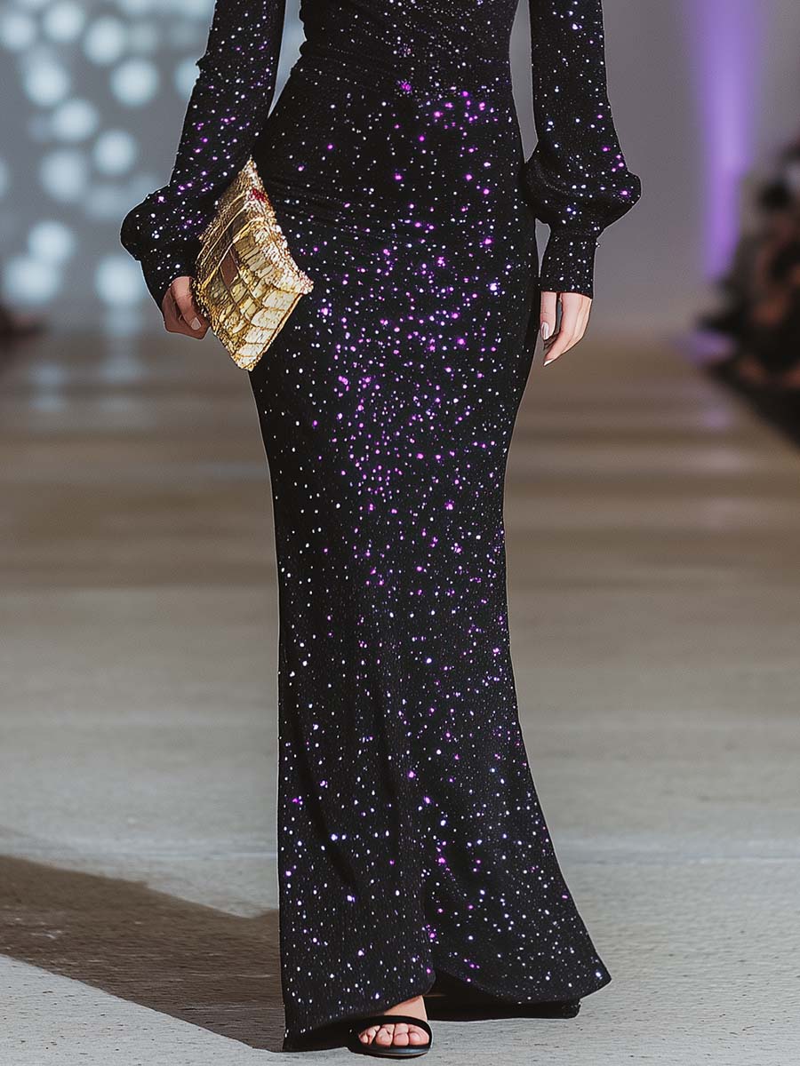 Elegant And Eye-catching V-neck Long-sleeved Purple Sequins Black Slit Maxi Dress