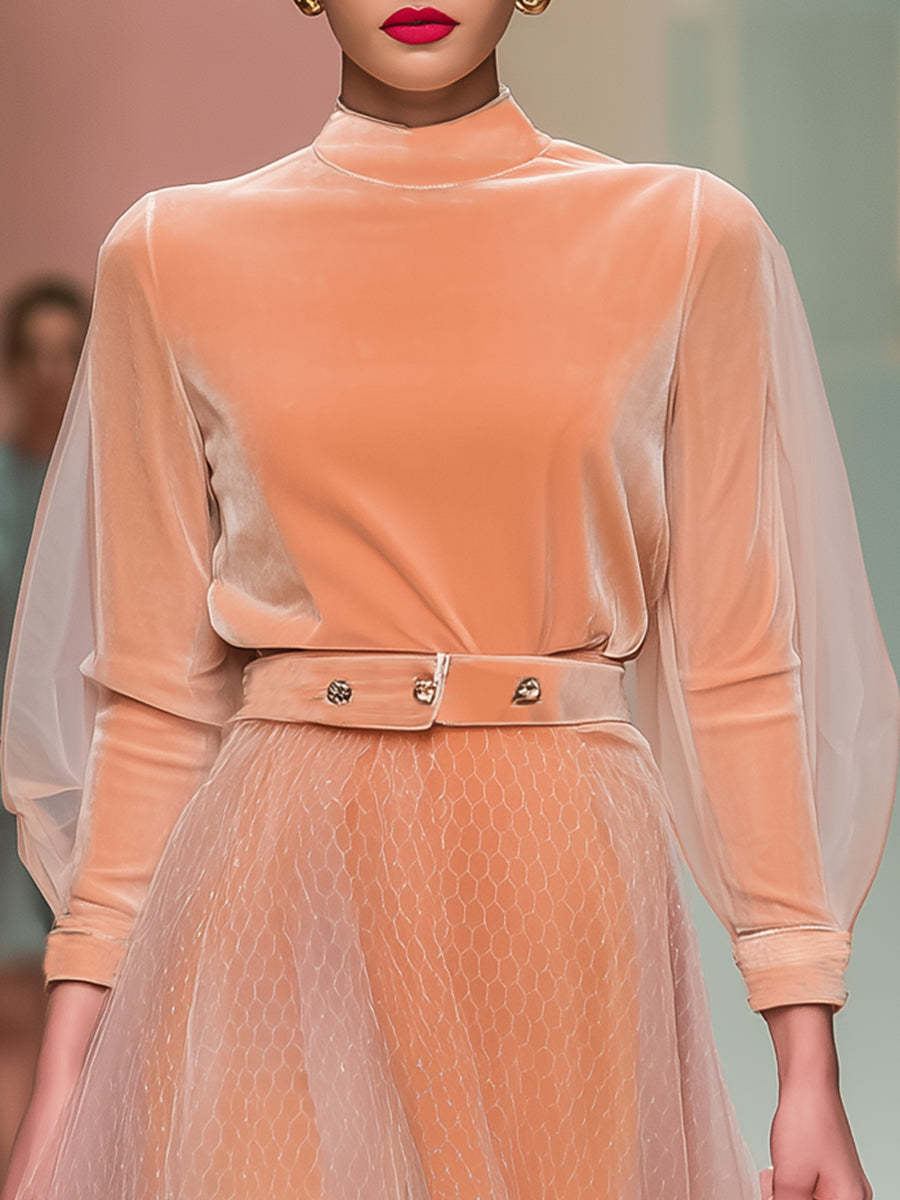 Elegant And Exquisite Orange Velvet Splicing Tulle Long-sleeved Midi Dress