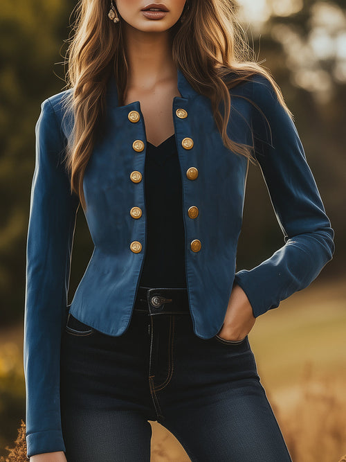 Fashion Blue Suede Button-embellished Bomber Jacket
