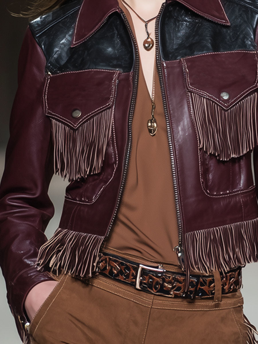Chaqueta estilo occidental de piel sintética con borlas, paneles en contraste y cremallera