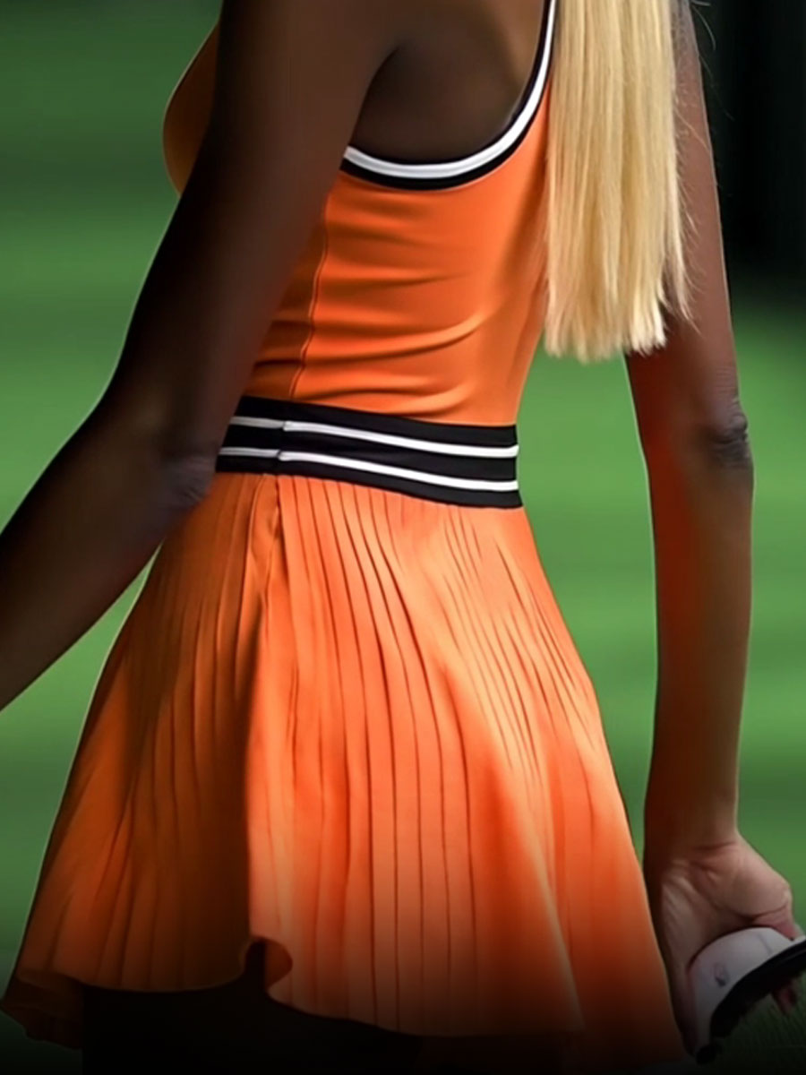 【Envío en 24 horas】Vestido mini plisado sin mangas naranja con ribete blanco y negro deportivo de moda