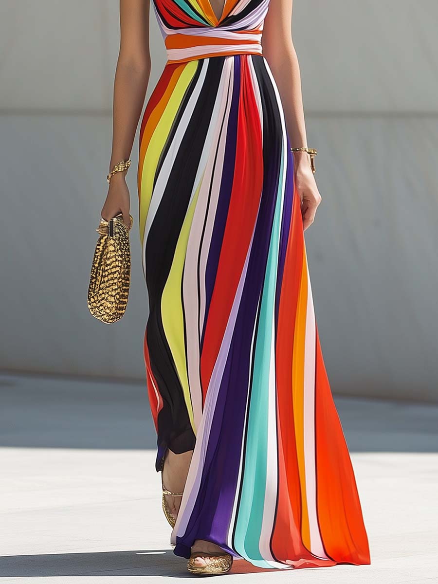 Elegant Flowing V-neck Rainbow Stripe Print Chiffon Maxi Dress