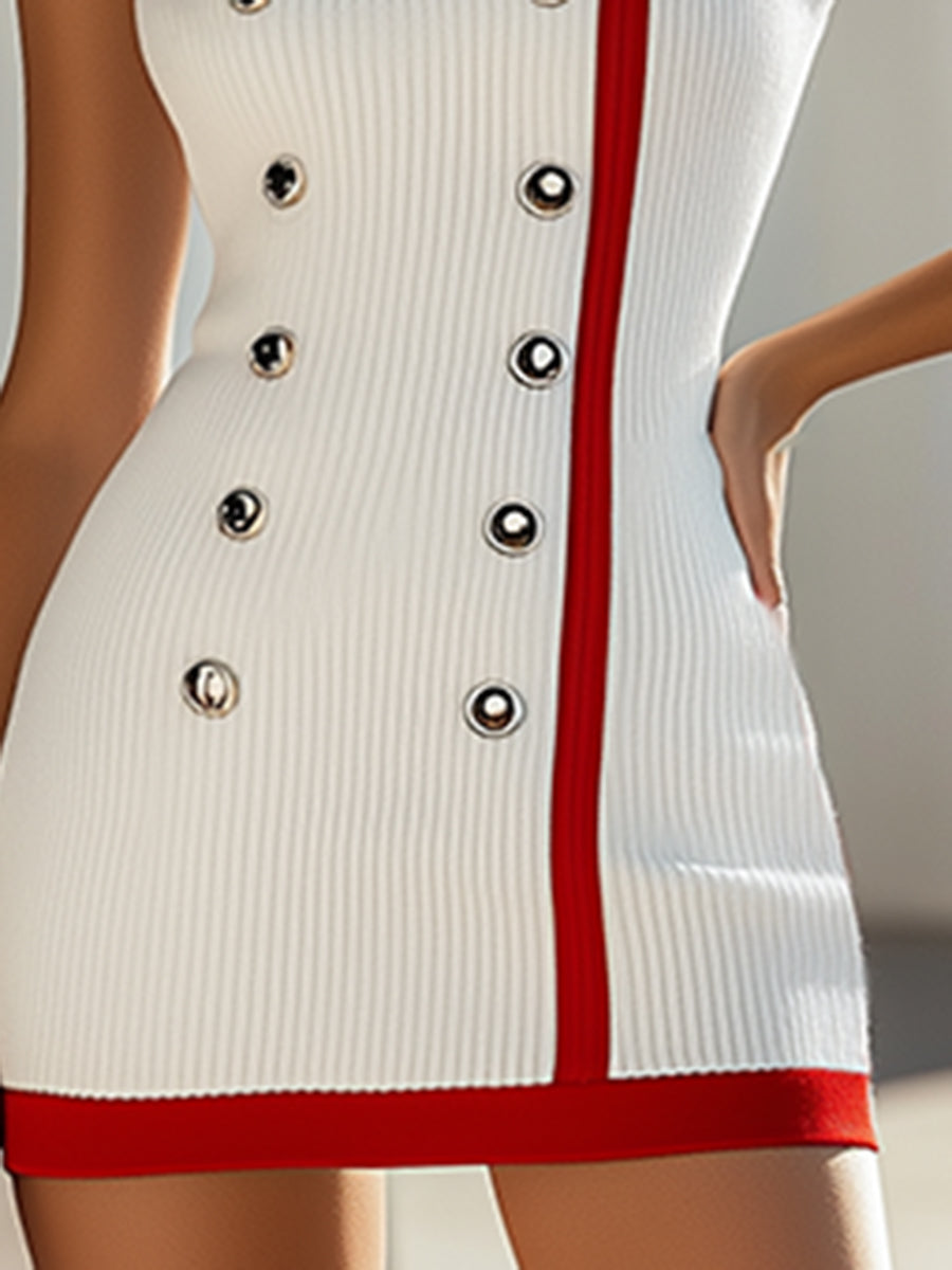 【Envío en 24 horas】Vestido mini de punto blanco sin mangas con contraste rojo de alta moda