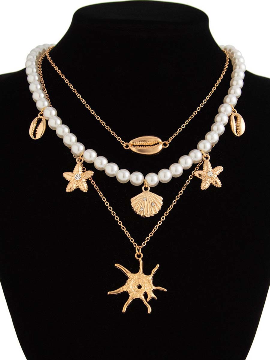 Bohemian Imitation Pearl Holiday Style Retro Starfish Shell Pendant Necklace Set