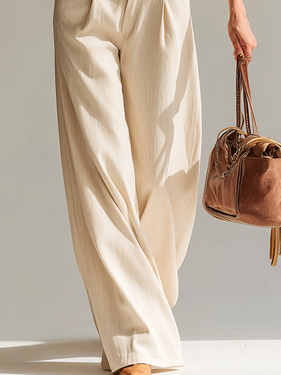 Elegant Classic Lapel Apricot Cotton And Linen Pocket Long-sleeved Jumpsuit