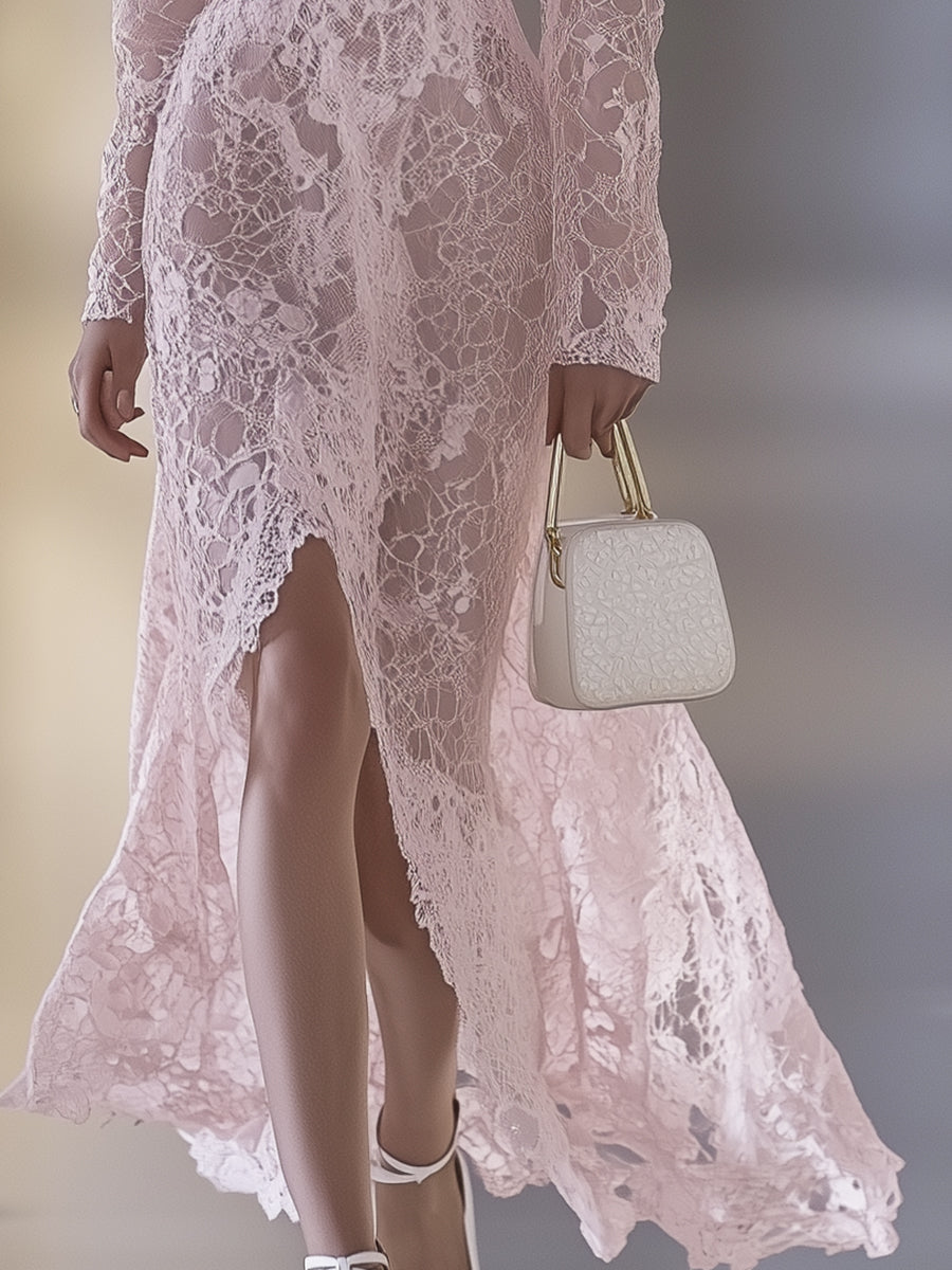 Designer Pink Lace V-neck Slit Maxi Dress