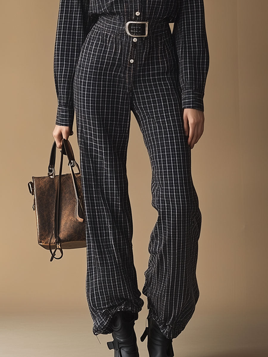 Casual Retro Long-Sleeved Shirt-Style Black And White Plaid Lace-Up Jumpsuit