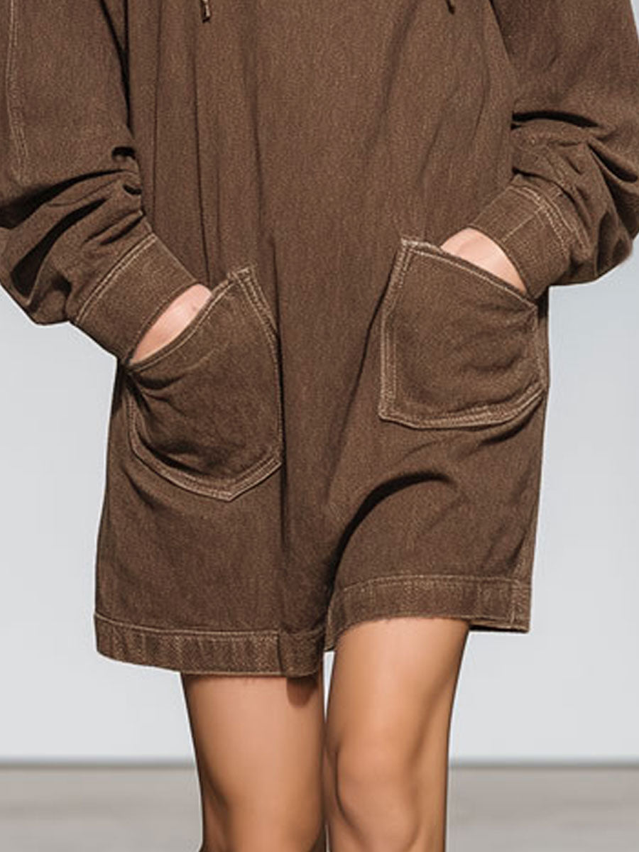 Casual Vintage Brown Denim Hooded Sweatshirt Mini Dress