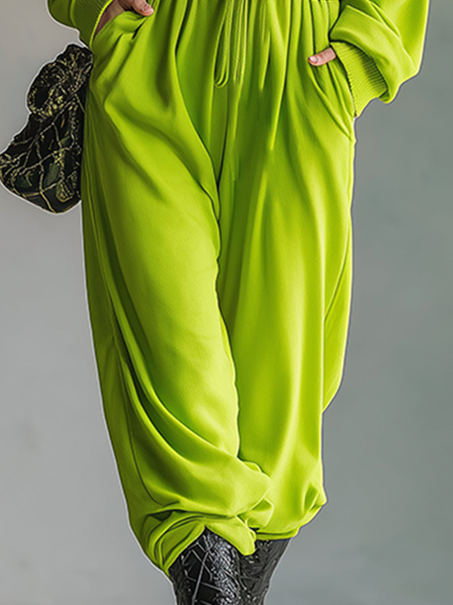 Casual Loose One-shoulder Fluorescent Green Sweatshirt Long-sleeved Jumpsuit