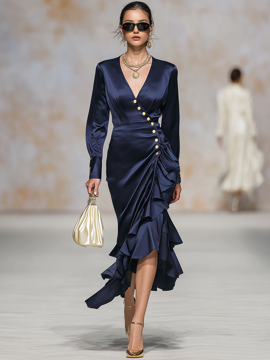 Elegant And Fashionable V-neck Dark Blue Satin Gold Button Ruffled Midi Dress