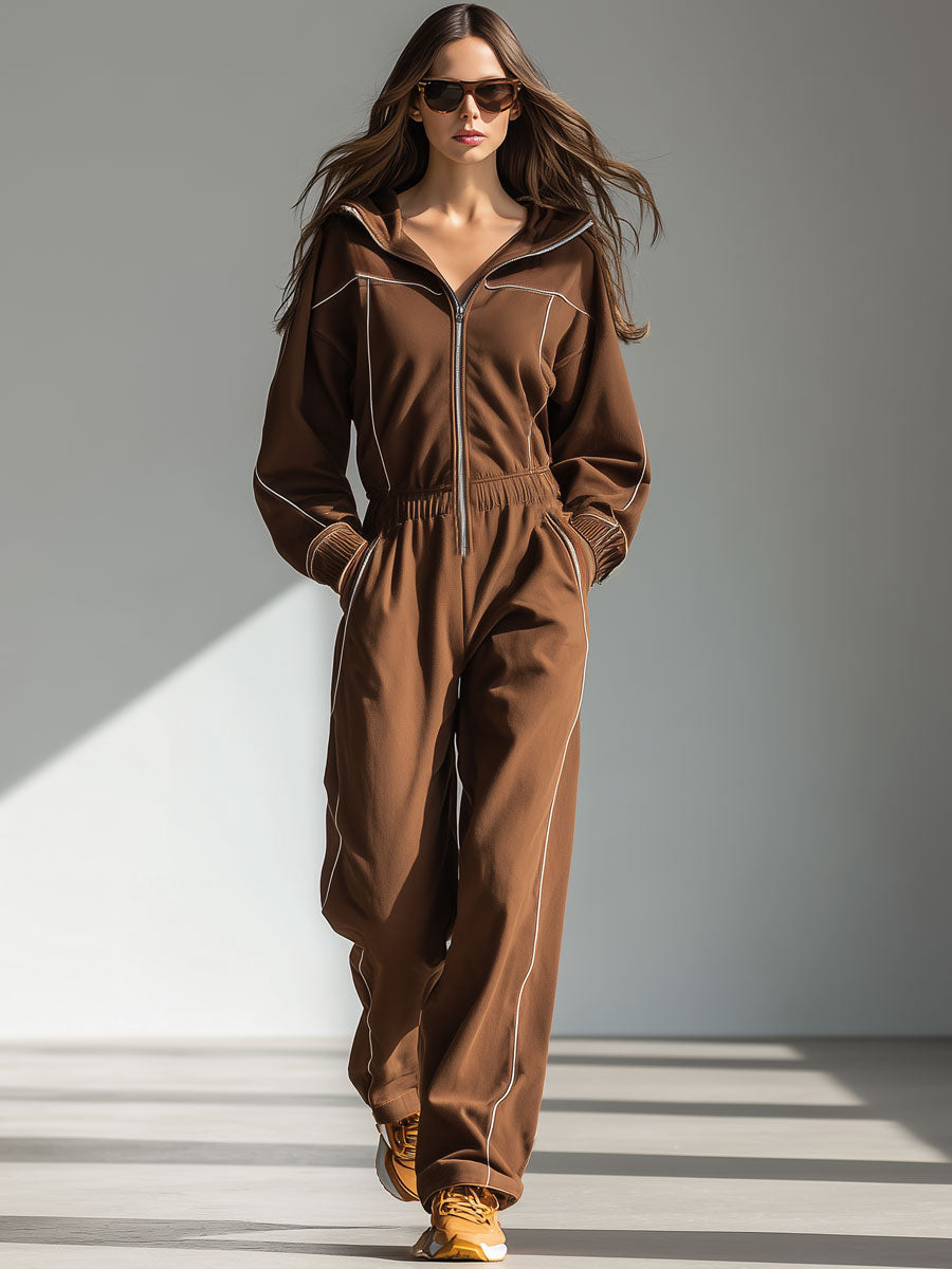Casual Retro White Trim Cocoa Brown Zipper Long-Sleeved Sports Jumpsuit