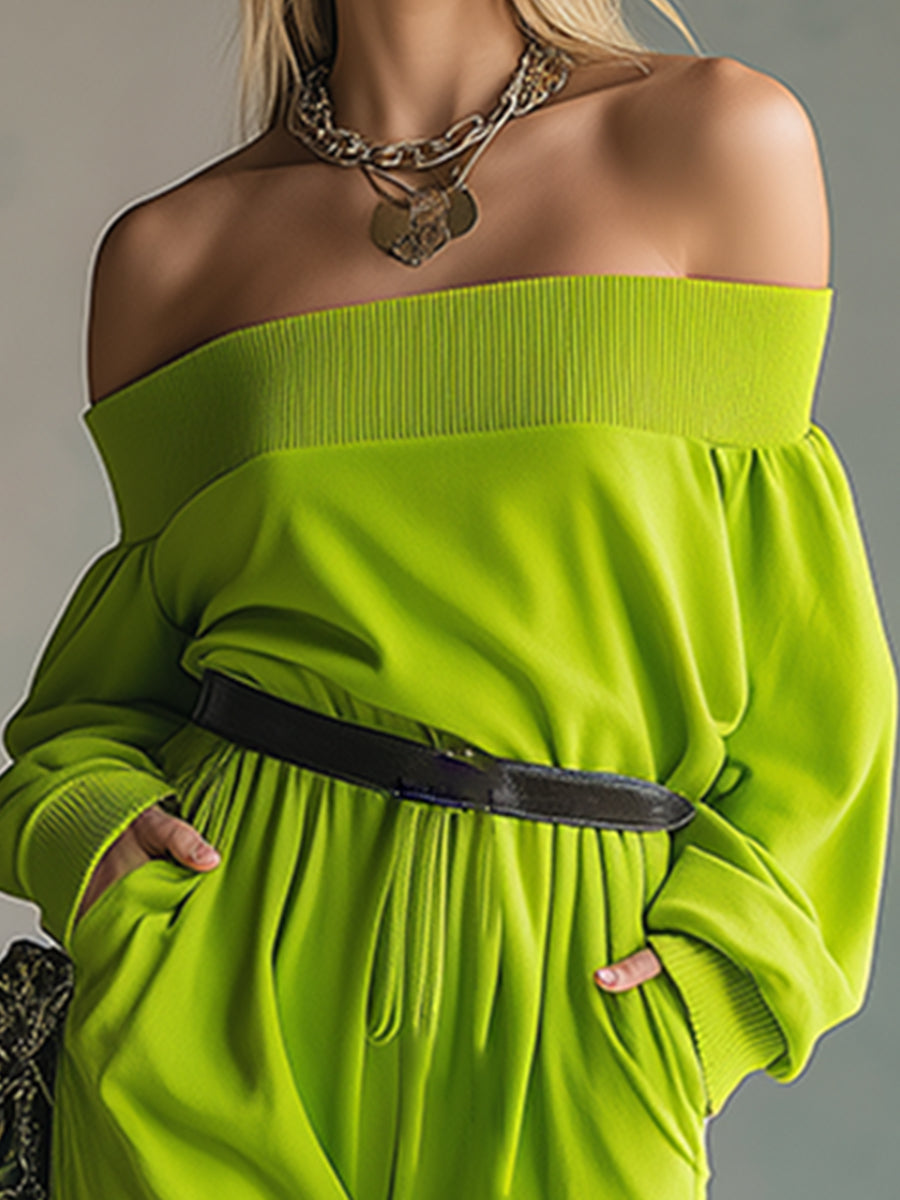 Casual Loose One-shoulder Fluorescent Green Sweatshirt Long-sleeved Jumpsuit