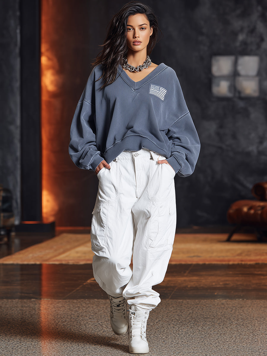 Casual Loose V-neck Grey Short Sweatshirt