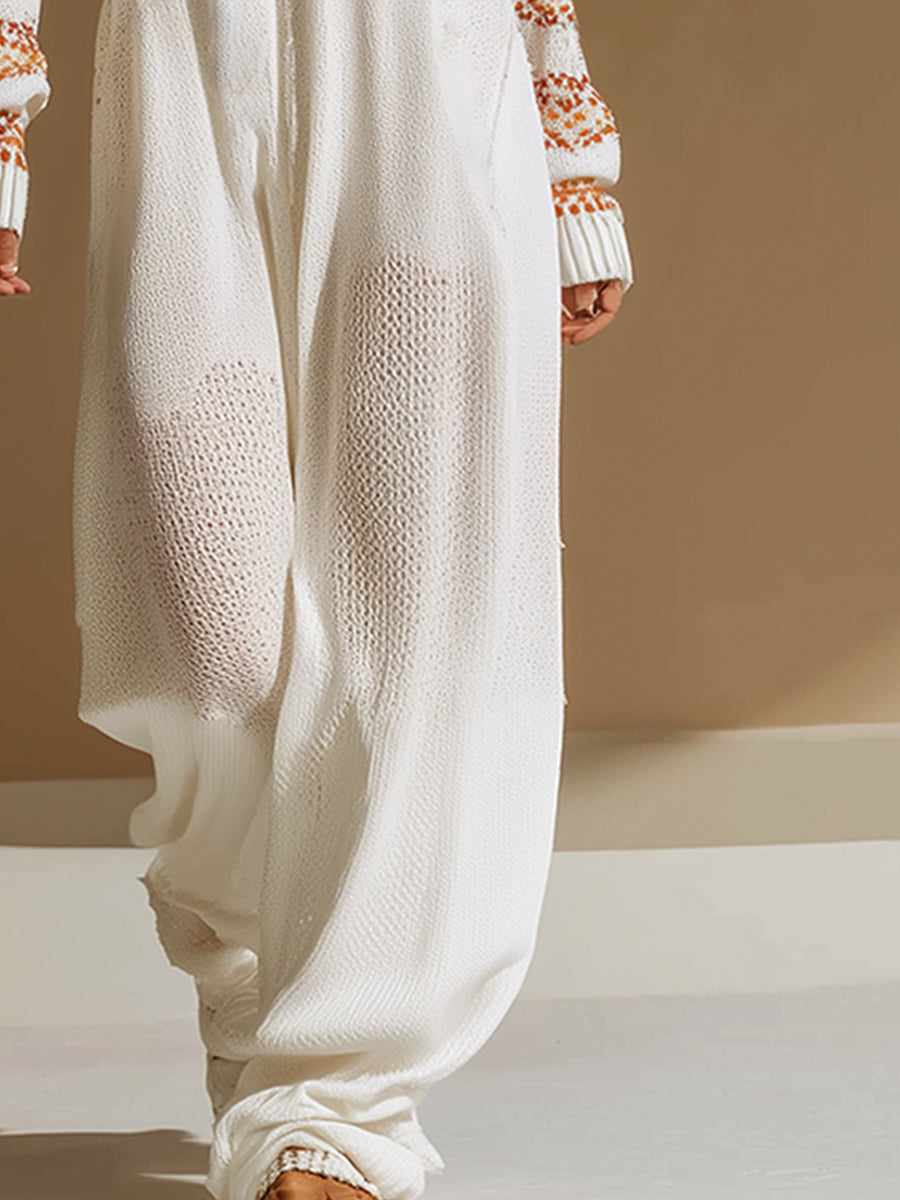 Elegant Loose White Paisley Pattern V-Neck Breathable Knitted Long-Sleeved Jumpsuit