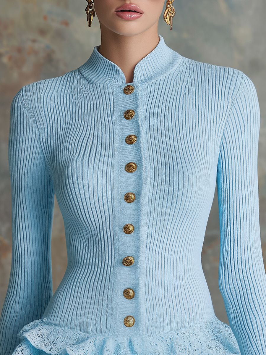 Elegant Small Stand-up Collar Long Sleeve Lace Patchwork Knitted Dress