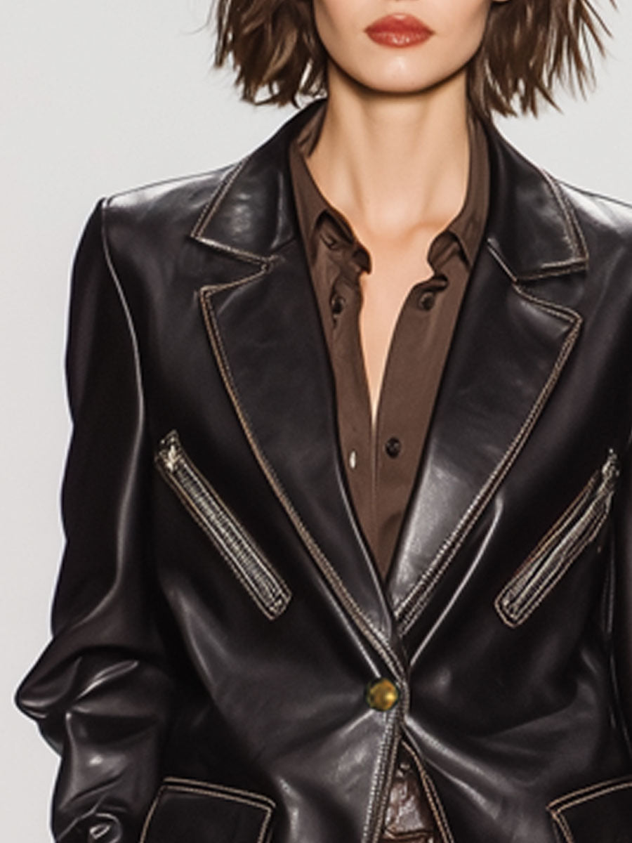 Casual Vintage Black Faux Leather Blazer