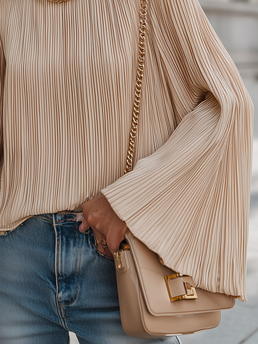 Elegant And Luxurious Champagne Matte Satin Pleated Flared Long-sleeved Shirt