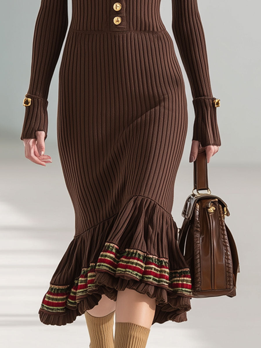 Fashion Retro Cocoa Brown Knitted Fishtail Ruffle Midi Dress