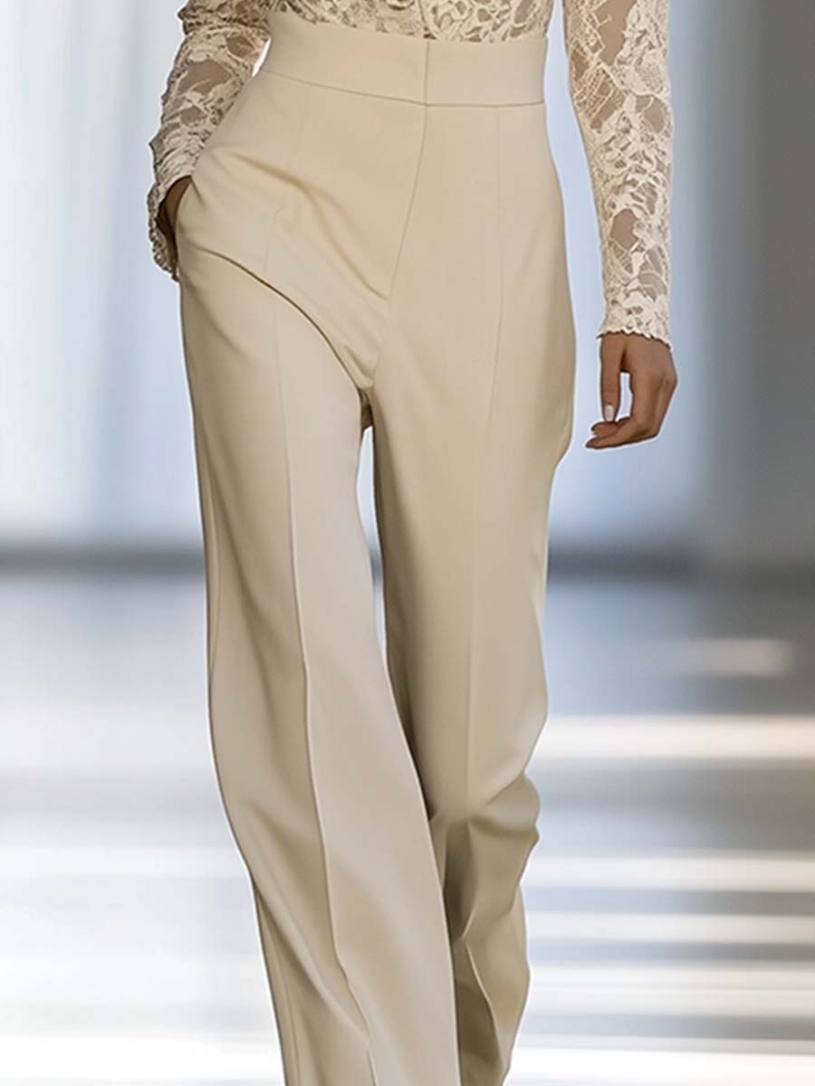 Elegant And Luxurious Ivory Beige Lace Patchwork Cotton Long-sleeved Jumpsuit