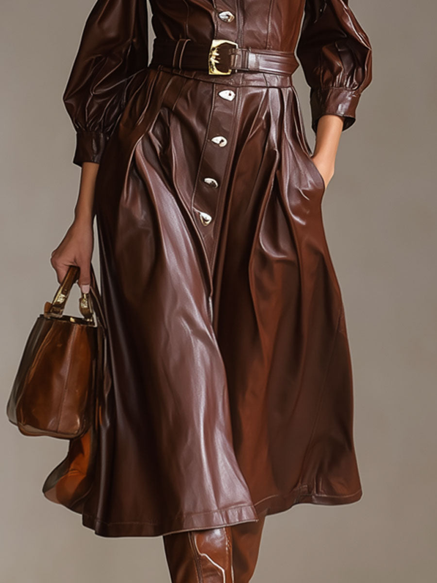 Elegant Faux Leather Off-the-shoulder Long-sleeved Button Midi Dress