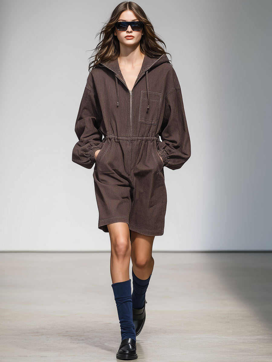 Casual Vintage Cocoa Brown Denim Elastic Waist Pocket Hooded Sports Mini Dress