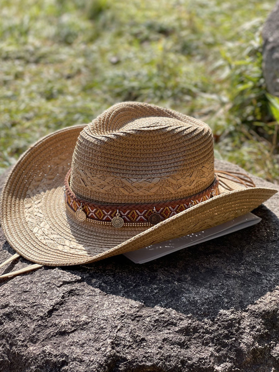 Sombrero de paja tejido vintage occidental con visera enjoyada