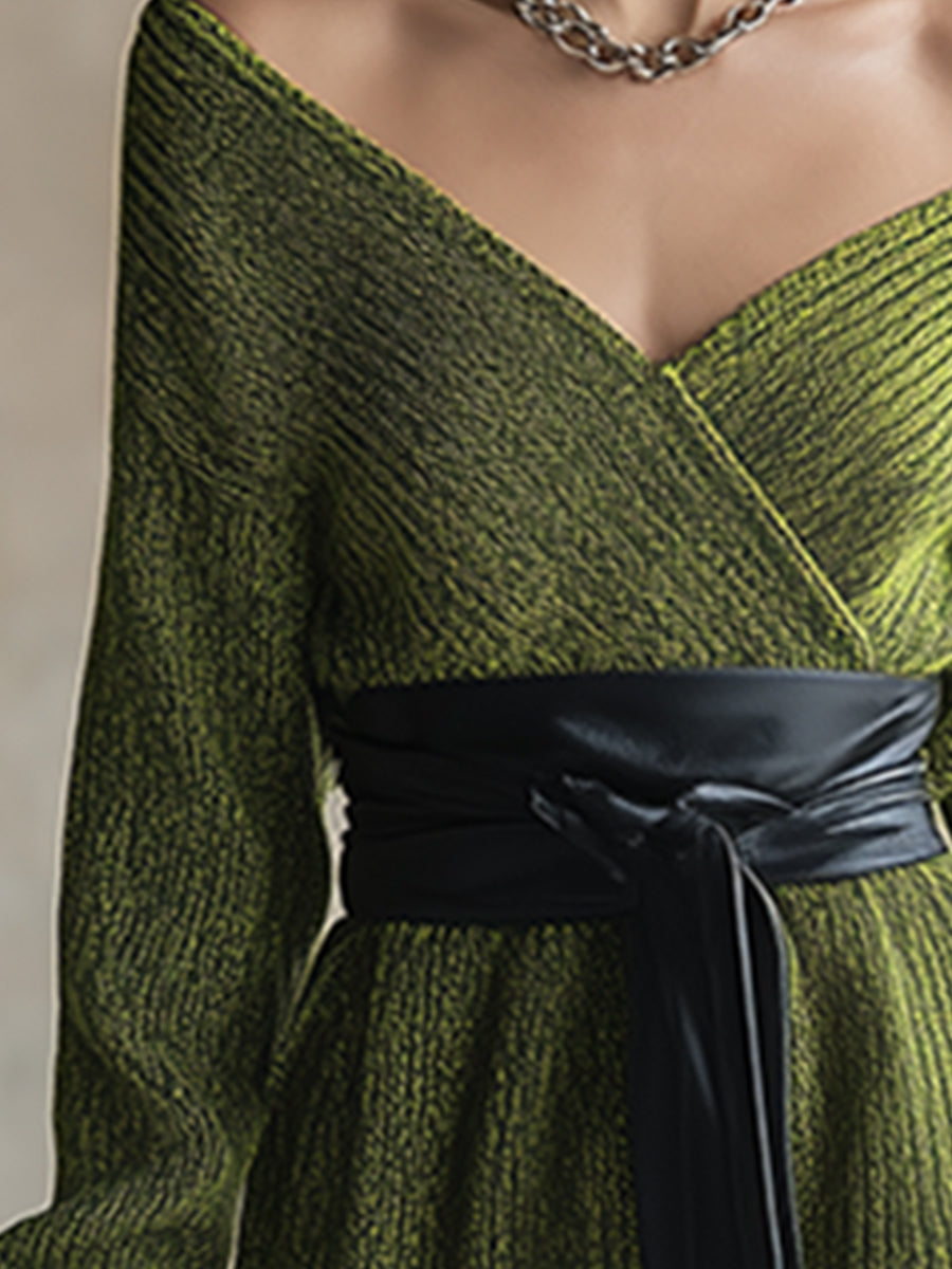 Elegant And Fashionable Green Mixed Color Lace-up Knitted Long-sleeved Mini Dress